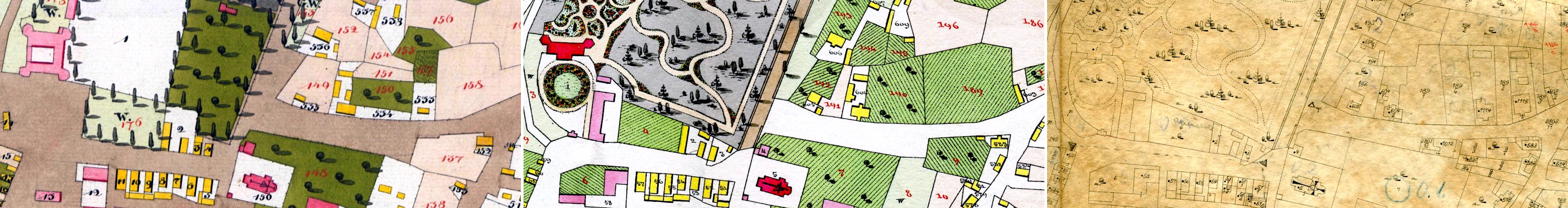 three examples illustrating cadastral map style and color changes over the years